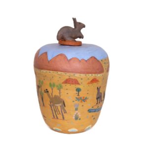 hand made and painted pot with landscape and kangaroo lid
