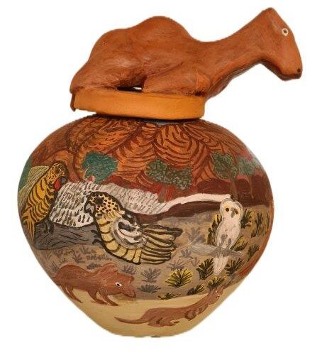 hand made pot landscape painted with camel on lid